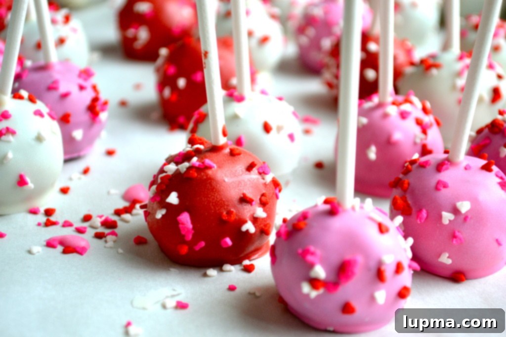 Stuck on Sweet: Valentine's Day Oreo Cake Pops 2 A close-up shot of a variety of beautifully decorated cake pops on a white tray, some with sprinkles.