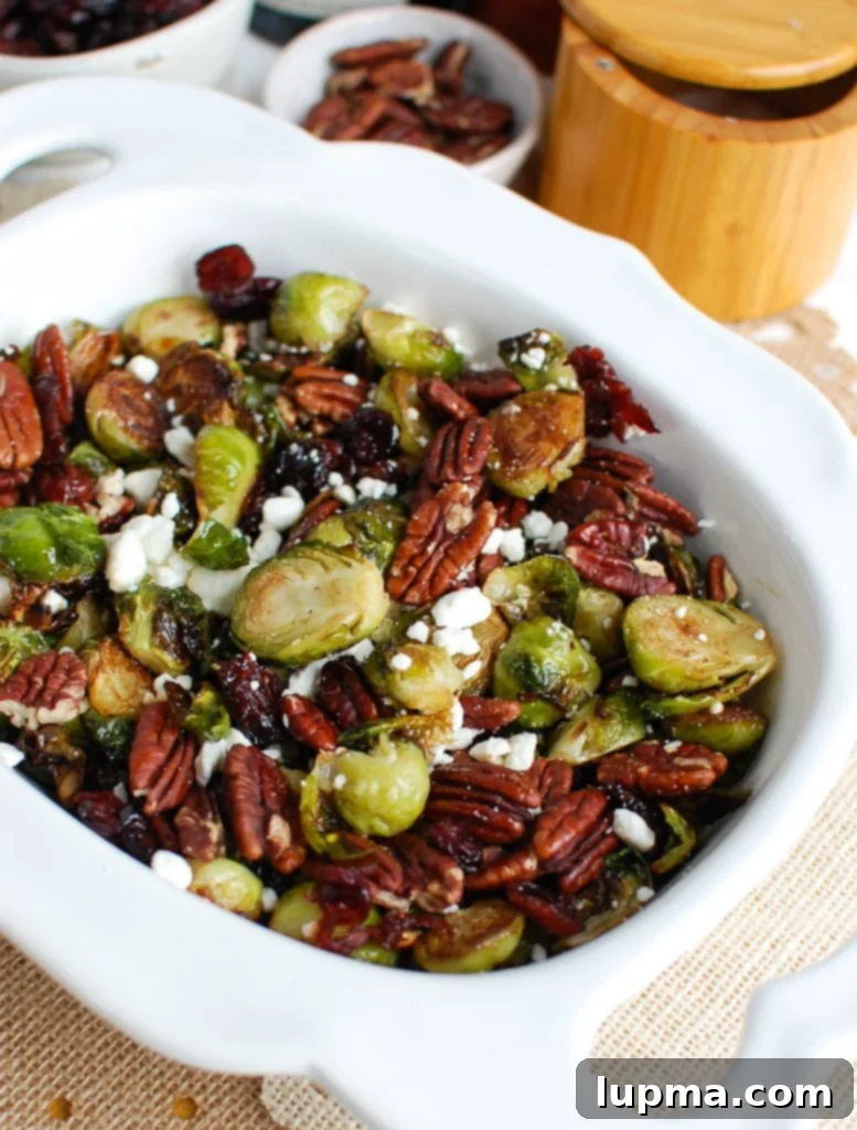 Crispy Brussels Sprouts with Tangy Cranberries 4 Close-up of roasted Brussels Sprouts with Cranberries, showcasing crumbled goat cheese, offering a milder cheese alternative.