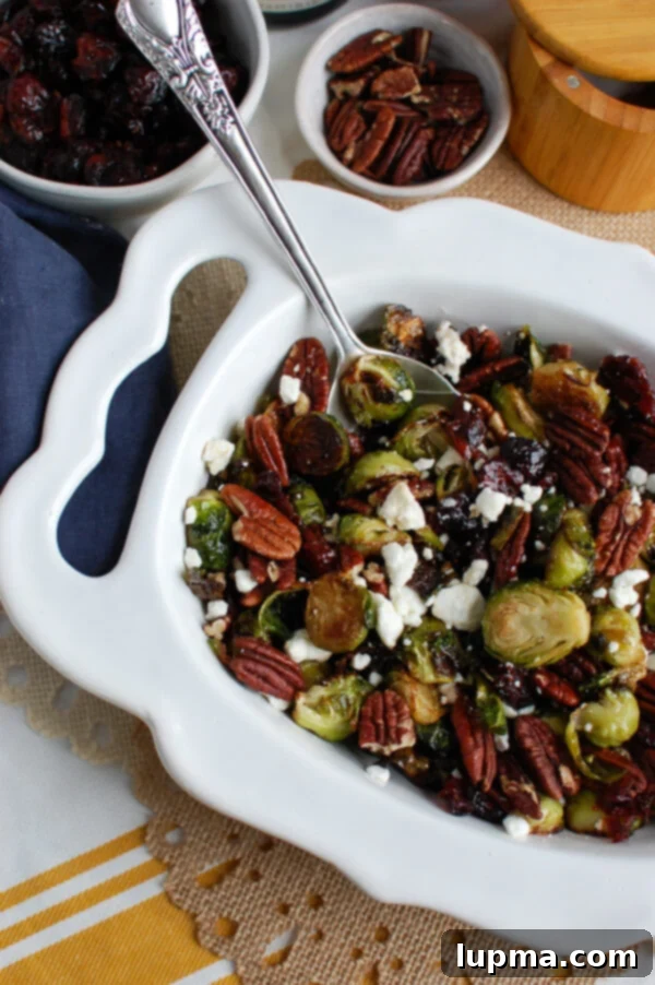 Crispy Brussels Sprouts with Tangy Cranberries 5 A generous serving of Roasted Brussels Sprouts with Cranberries and goat cheese in a stylish ceramic bowl, photographed from a high angle.