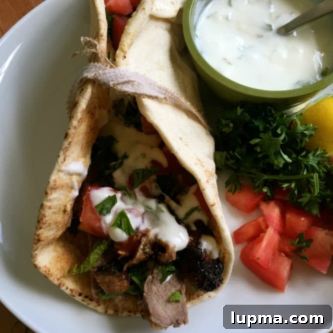 Zesty Mediterranean Steak Pitas with Cooling Mint Yogurt 6 Mediterranean Steak Pita Wraps with Mint Yogurt Sauce on plate.