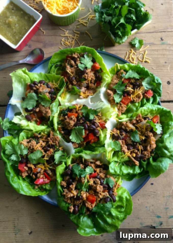 Zesty Mexican Turkey Lettuce Wraps 5 Platter of Mexican Turkey Lettuce Wraps with various fresh garnishes