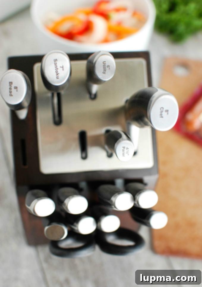 Spicy Cajun One-Pot Wonder 5 Calphalon Self Sharpening Knives in their block.