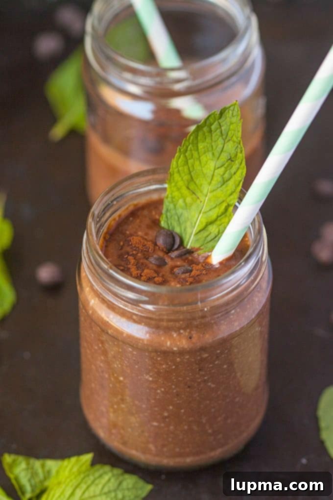 11 Irresistibly Refreshing Smoothies 10 A thick, dark Healthy Peppermint Patty Smoothie in a glass, with a sprig of mint.