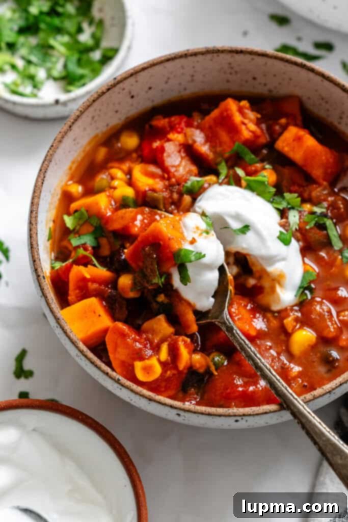 Hearty Sweet Potato Chili 3 Sweet Potato Chili with sour cream