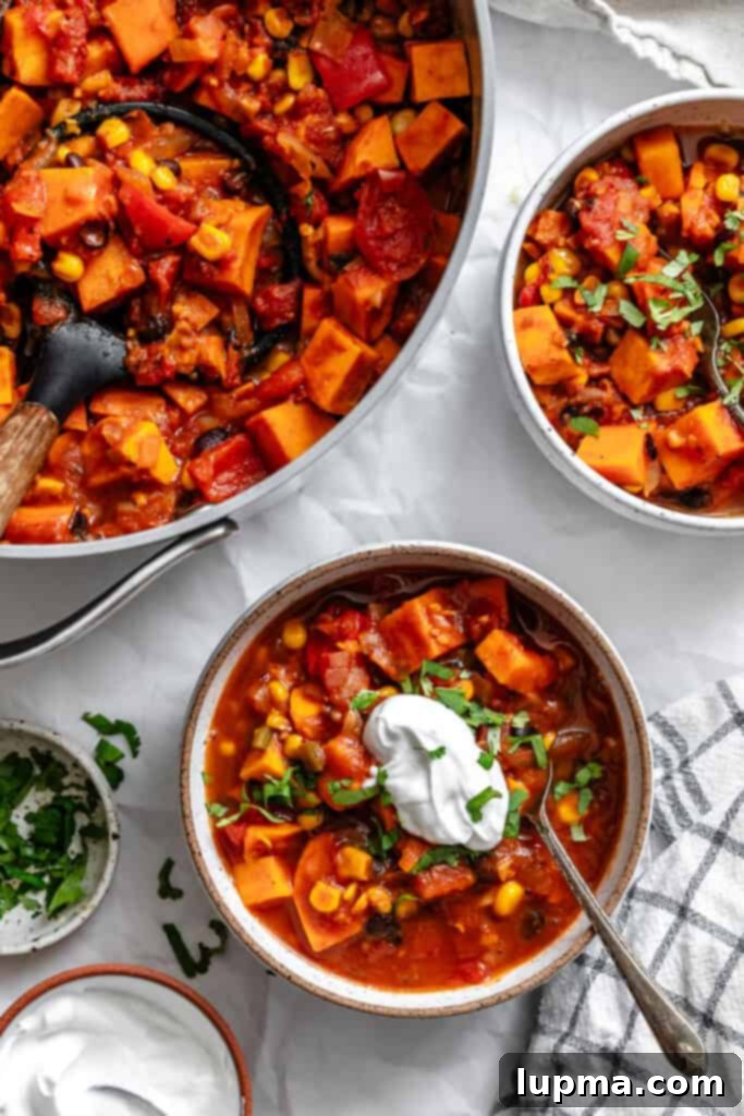 Hearty Sweet Potato Chili 5 Sweet Potato Chili pot with a bowl