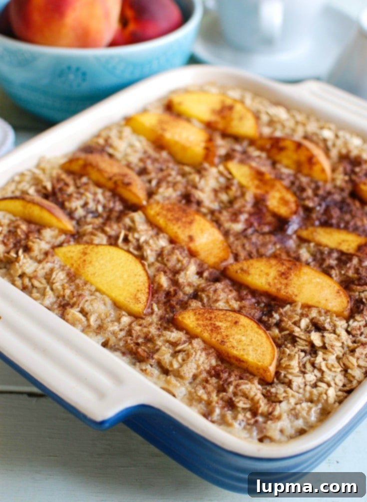Peaches and Cream Baked Oats 2 Peaches and Cream Baked Oatmeal is a healthy start to the day. This makes a great snack too!