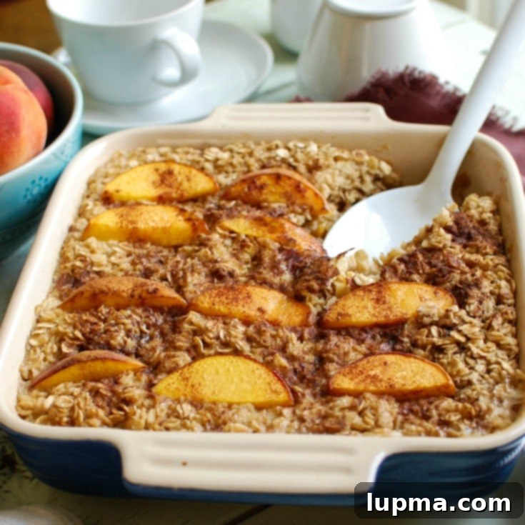 Peaches and Cream Baked Oats 4 A serving of Peaches and Cream Baked Oatmeal with a spoon, highlighting its comforting texture and fresh fruit.