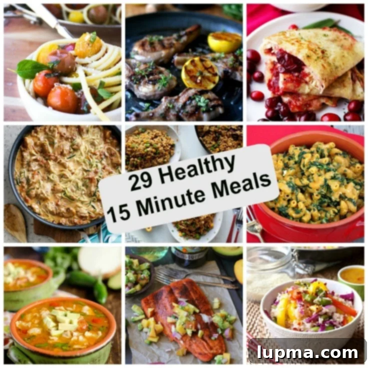 A vibrant collage of various healthy 15-minute meals, showcasing different dishes like pasta, tacos, and stir-fries.