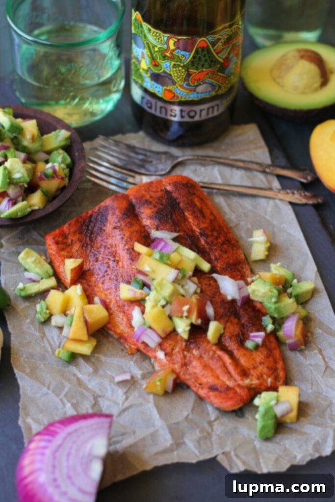 Smoky Broiled Sockeye Salmon with Peach-Avocado Salsa