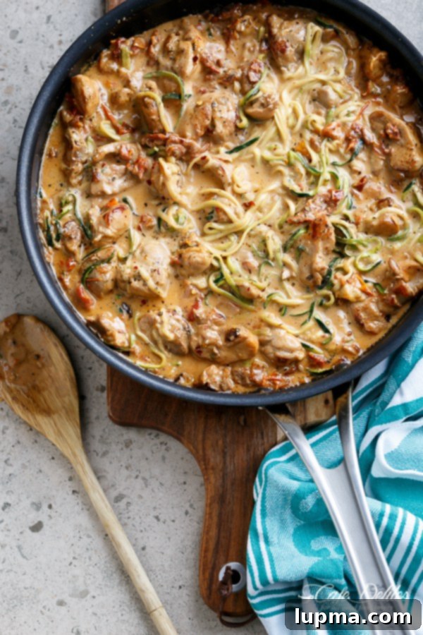 Creamy Sun-dried Tomato + Parmesan Chicken Zoodles