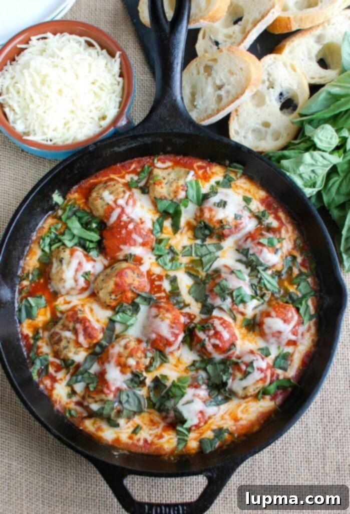 Garden Fresh Skillet Tomato Basil Meatballs 3 Close-up of the simple ingredients needed for skillet tomato basil meatballs, including meatballs, tomato sauce, mozzarella, parmesan, and fresh basil.