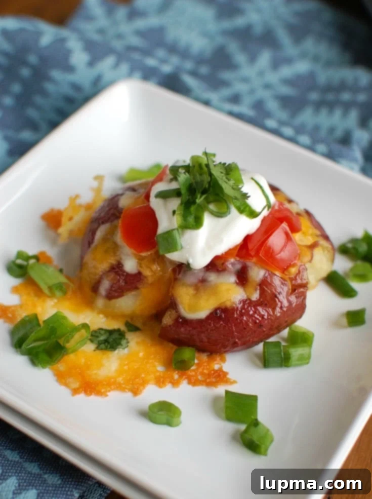 Ultimate Loaded Smashed Potatoes 3 Loaded Smashed Potatoes are crispy on the outside and soft on the inside and loaded with cheese, sour cream, tomatoes, green onion and cilantro. These make an easy family meal or appetizer for game day or a party!