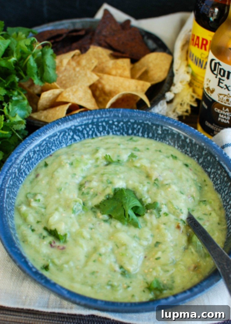 Zesty Avocado Tomatillo Salsa 4 Close-up of Avocado Tomatillo Salsa in a bowl with a spoon, highlighting its creamy texture.