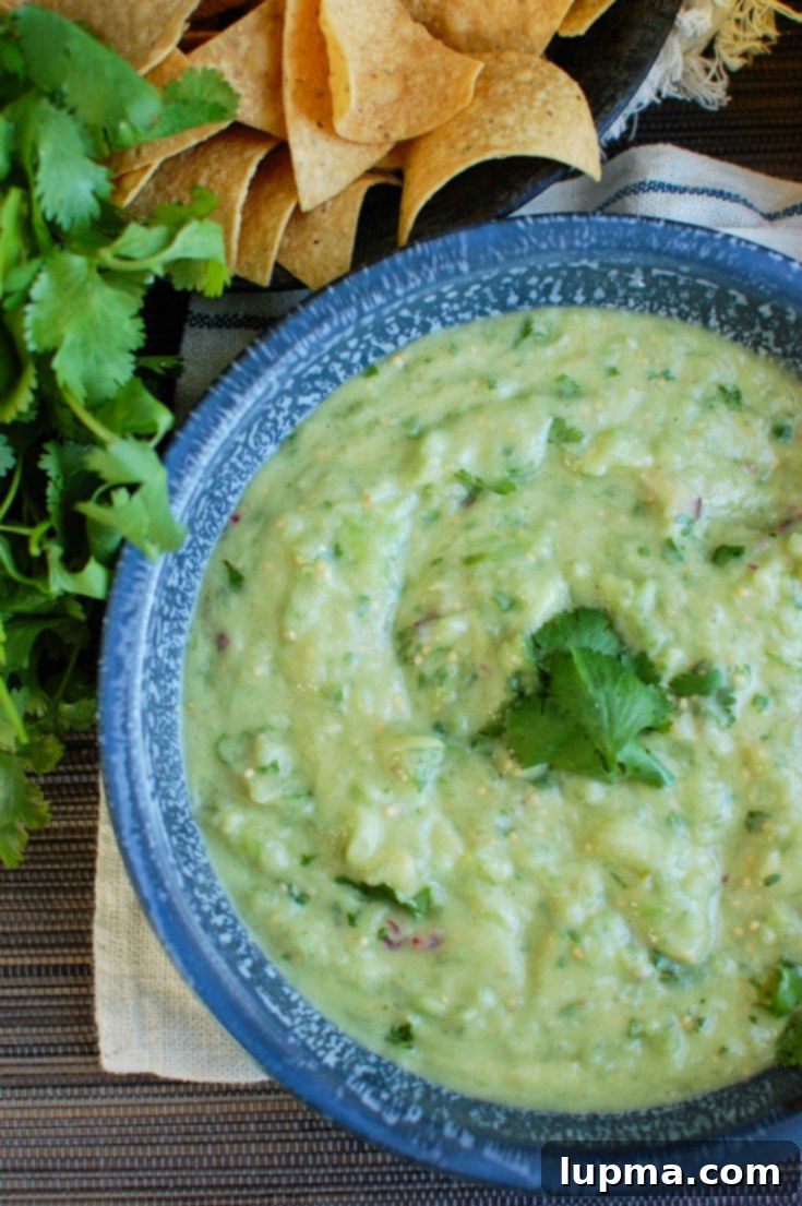 Zesty Avocado Tomatillo Salsa 5 Avocado Tomatillo Salsa from a side view, showing its rich green color and creamy texture.