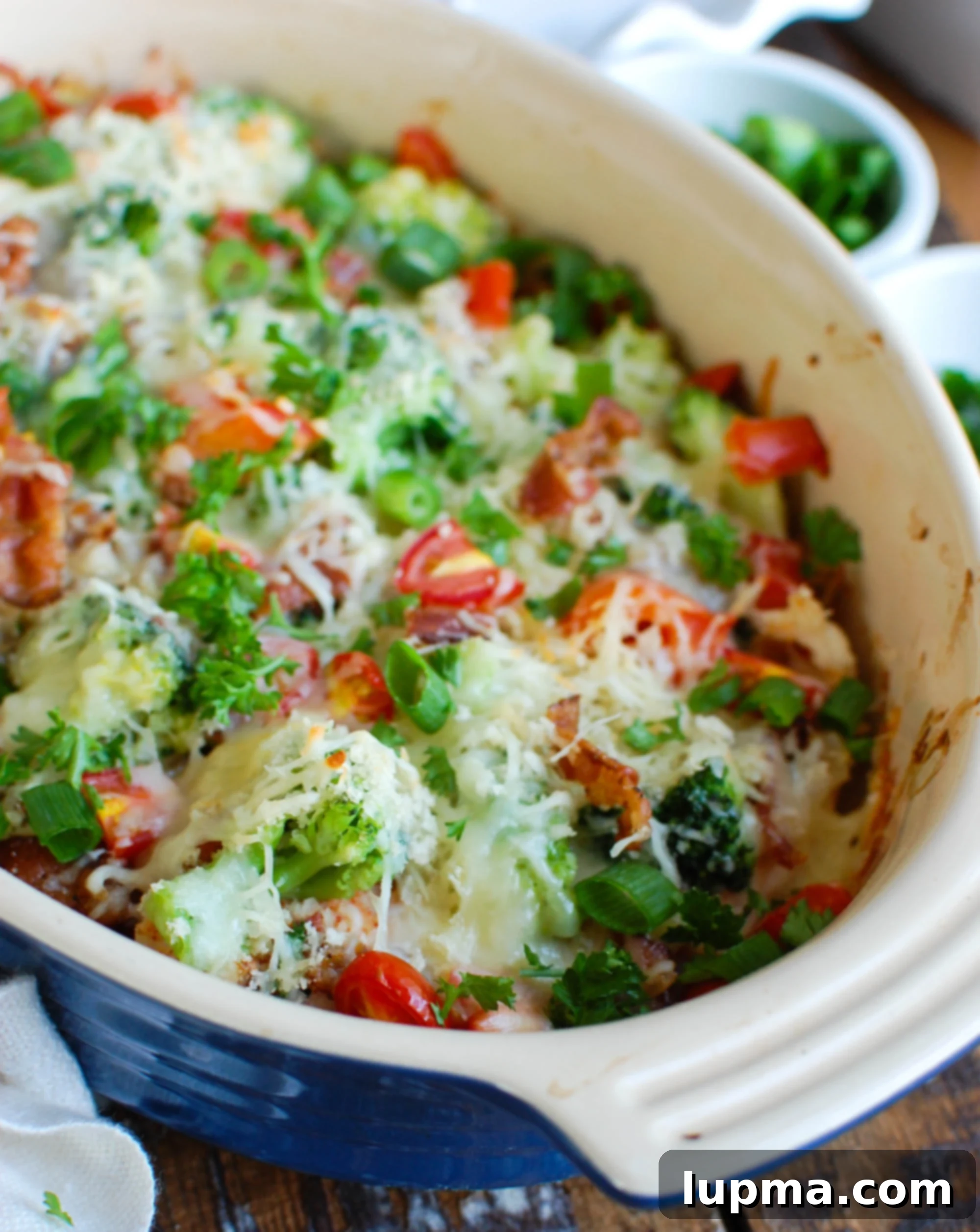 Cheesy Broccoli Chicken Bake 7 Finished Baked Broccoli Cheese Chicken, garnished with fresh parsley and green onions, served as a delightful and wholesome family meal.