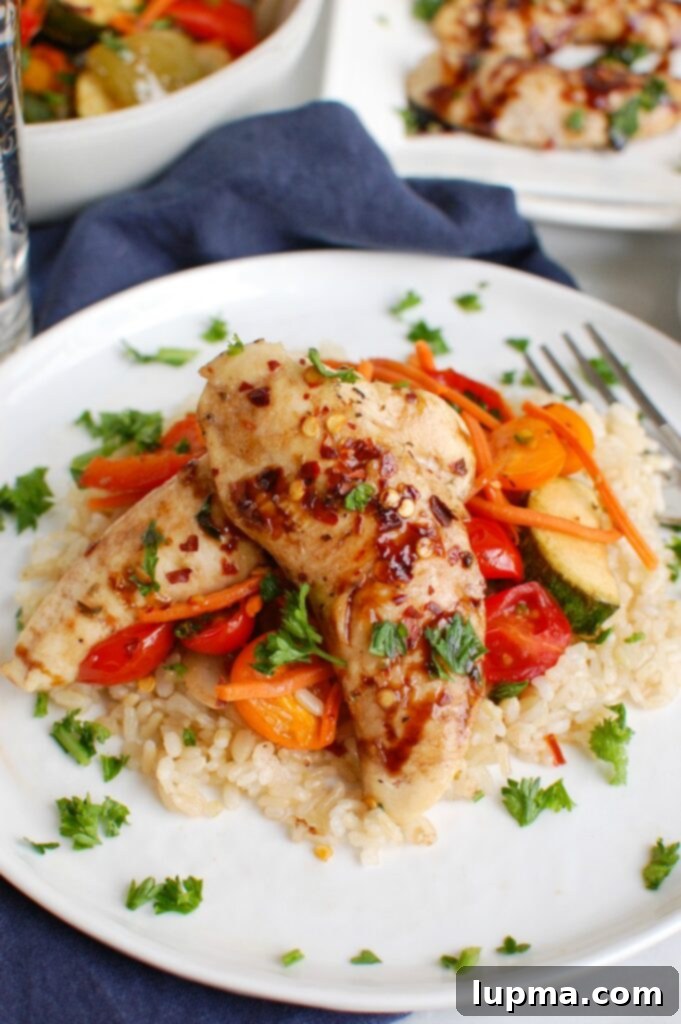 One-Pan Balsamic Chicken and Roasted Vegetables 2 Sheet Pan Honey Balsamic Chicken Tenders and Vegetables White Plate