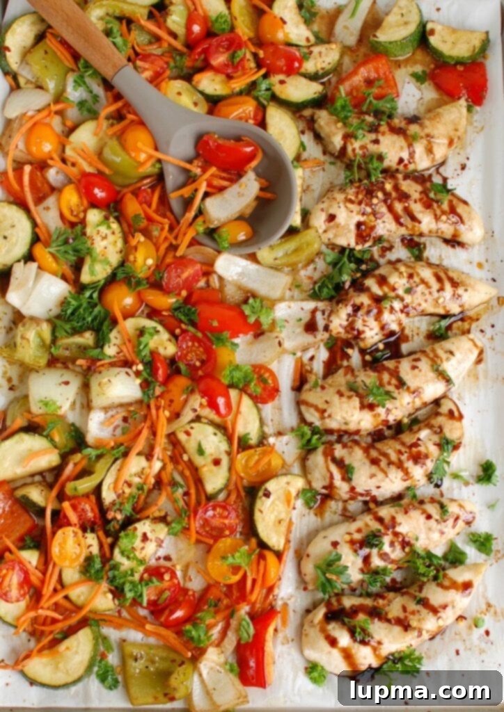 One-Pan Balsamic Chicken and Roasted Vegetables 3 Sheet Pan Honey Balsamic Chicken Tenders and Vegetables Baking Pan with Raw Ingredients