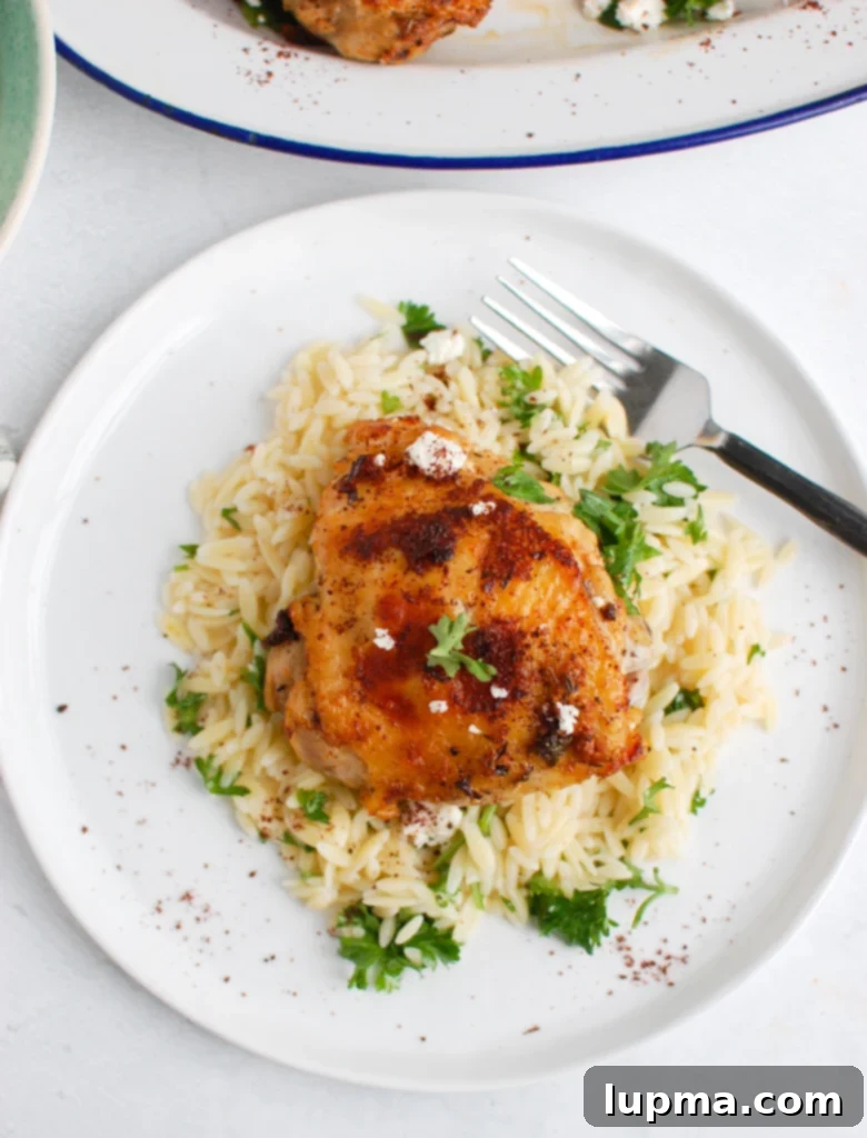 Vibrant Mediterranean Chicken 3 Mediterranean Chicken on a white plate with lemon wedges and fresh parsley.