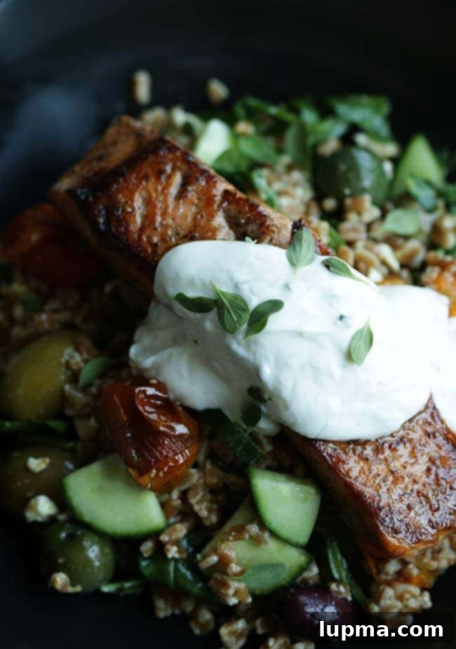 Tomato Farro Salad with Salmon and Lemon Yogurt Sauce