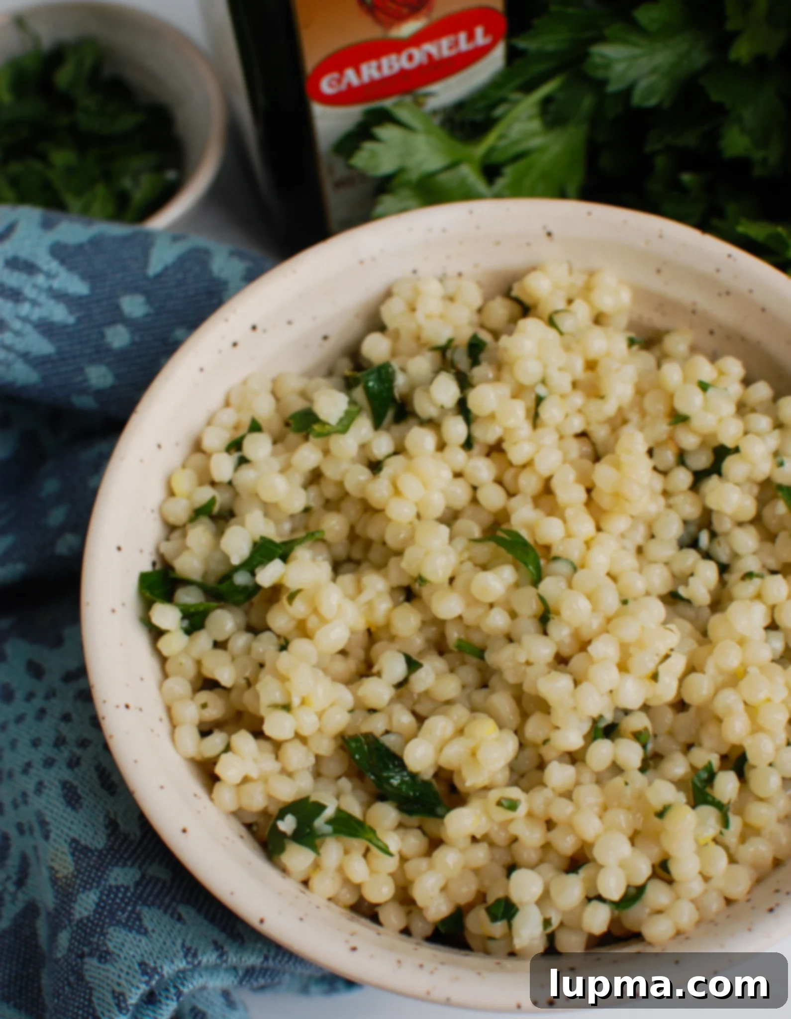 Bright Lemon Pearl Couscous Creations 2 A beautifully presented Lemon Pearl Couscous Recipe in a white bowl, garnished with fresh herbs.