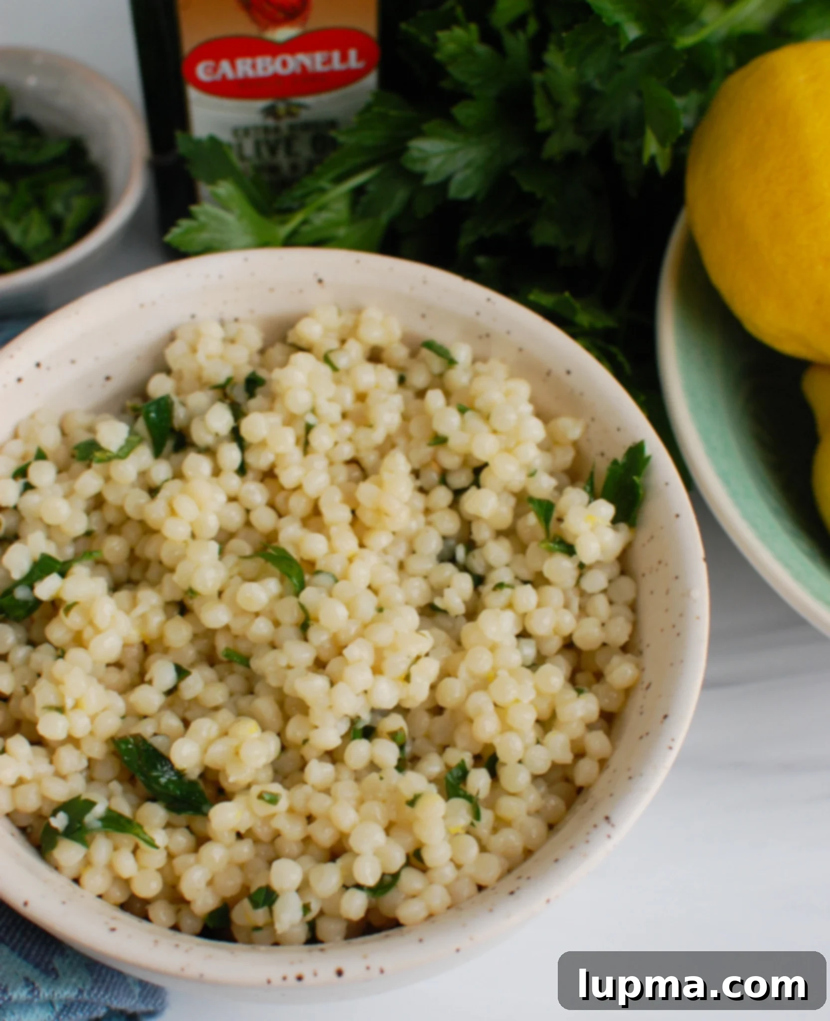 Bright Lemon Pearl Couscous Creations 3 Lemon Pearl Couscous Recipe artfully arranged with fresh herbs, showcasing its vibrant freshness.