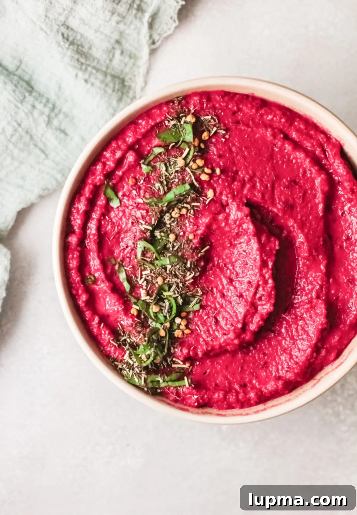 Vibrant Beet Hummus 2 Easy Beet Hummus above shot in bowl