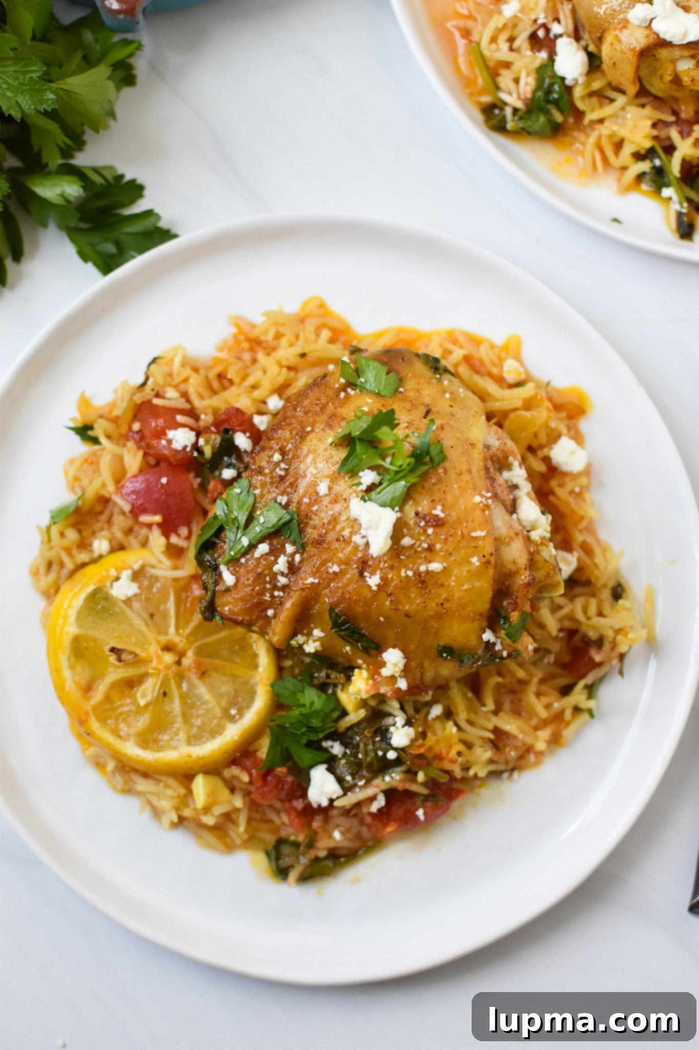 Sun-Kissed Mediterranean Chicken & Rice 4 A single serving of One Pot Mediterranean Chicken and Rice on a white plate, garnished with feta and parsley.
