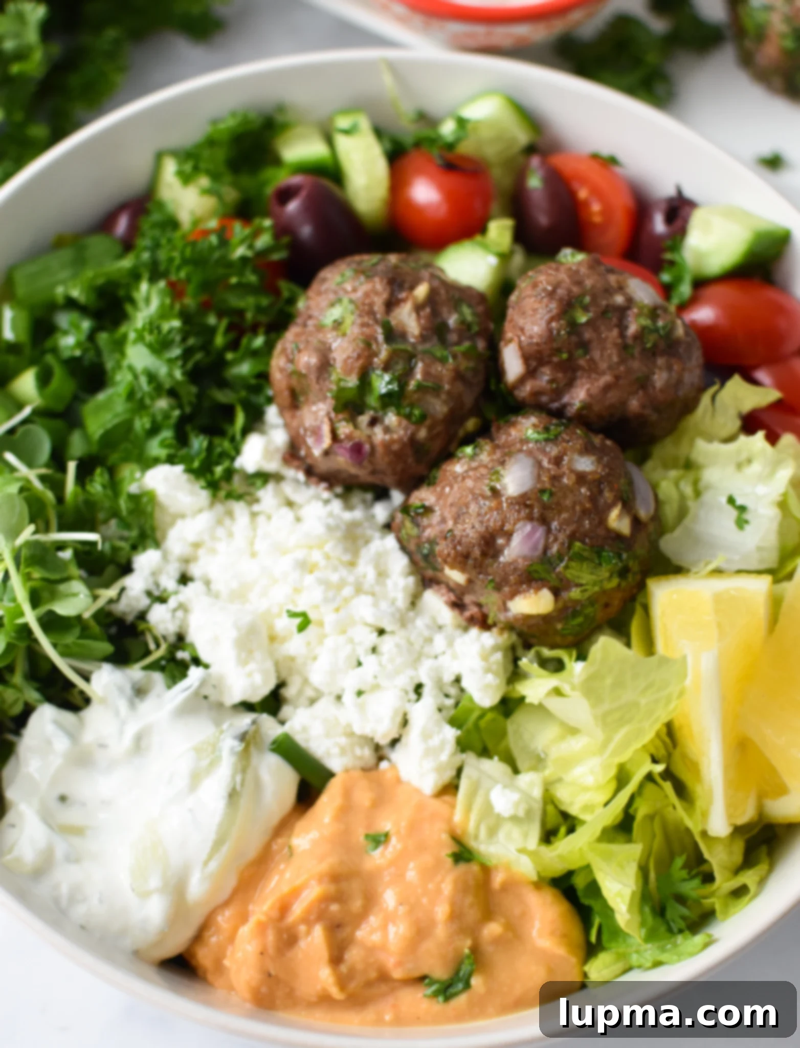 Mediterranean Golden Beef Meatballs 2 Mediterranean Baked Beef Meatballs served beautifully in a hummus bowl, garnished with fresh herbs.