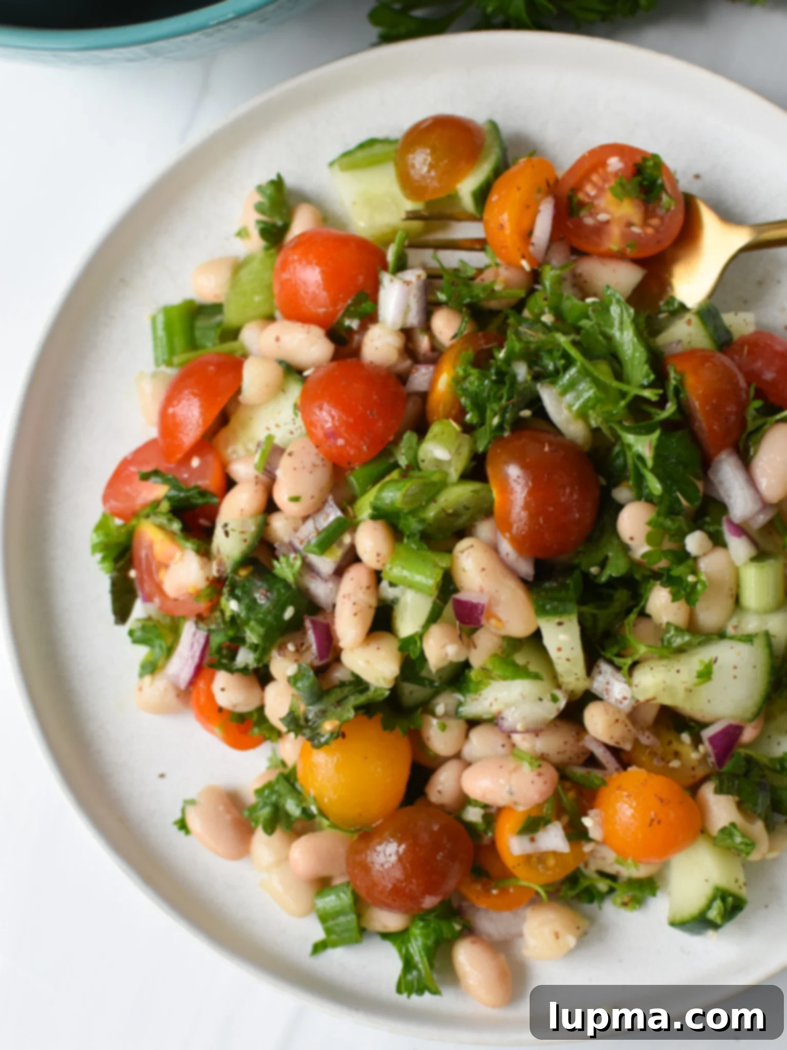 Sun-Drenched White Bean Medley 4 Mediterranean White Bean Salad on a white plate.