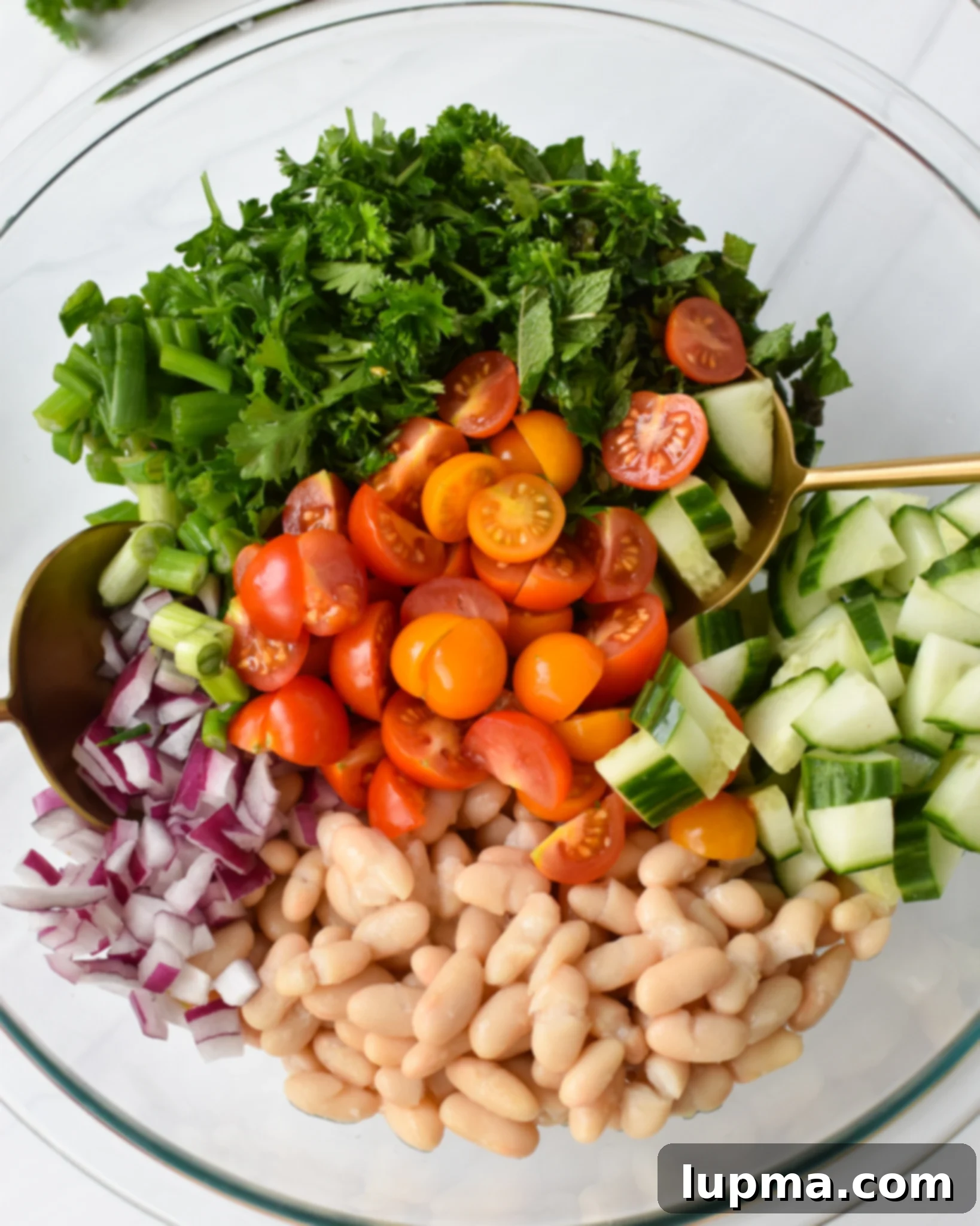Sun-Drenched White Bean Medley 5 Mediterranean White Bean Salad in a clear bowl.