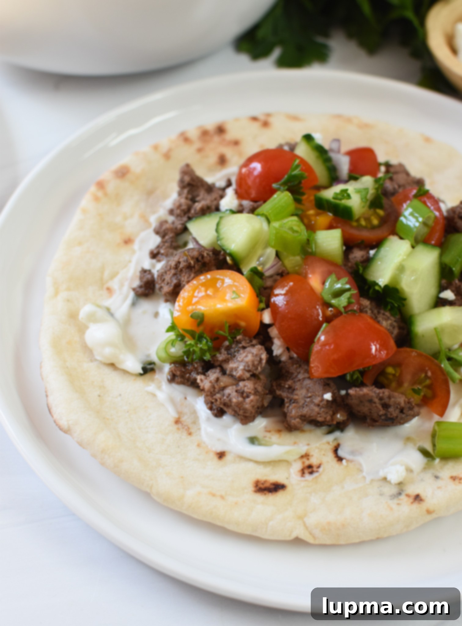 Spiced Lamb Pita Delight 2 Spiced Ground Lamb Pita Recipe served with a generous dollop of tzatziki and fresh toppings.