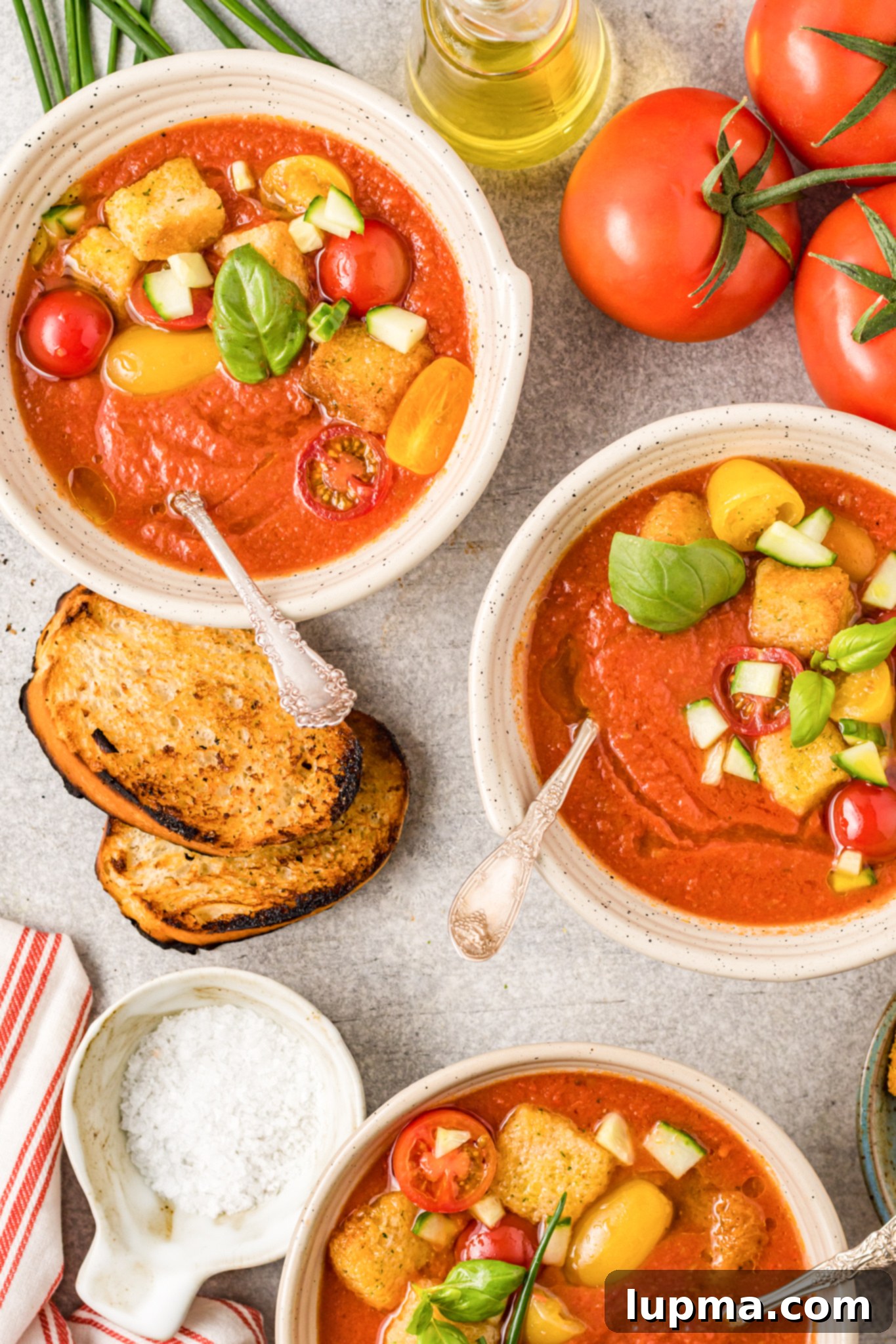 Refreshing No-Cook Gazpacho 4 Easy Gazpacho Recipe bowls of soup.