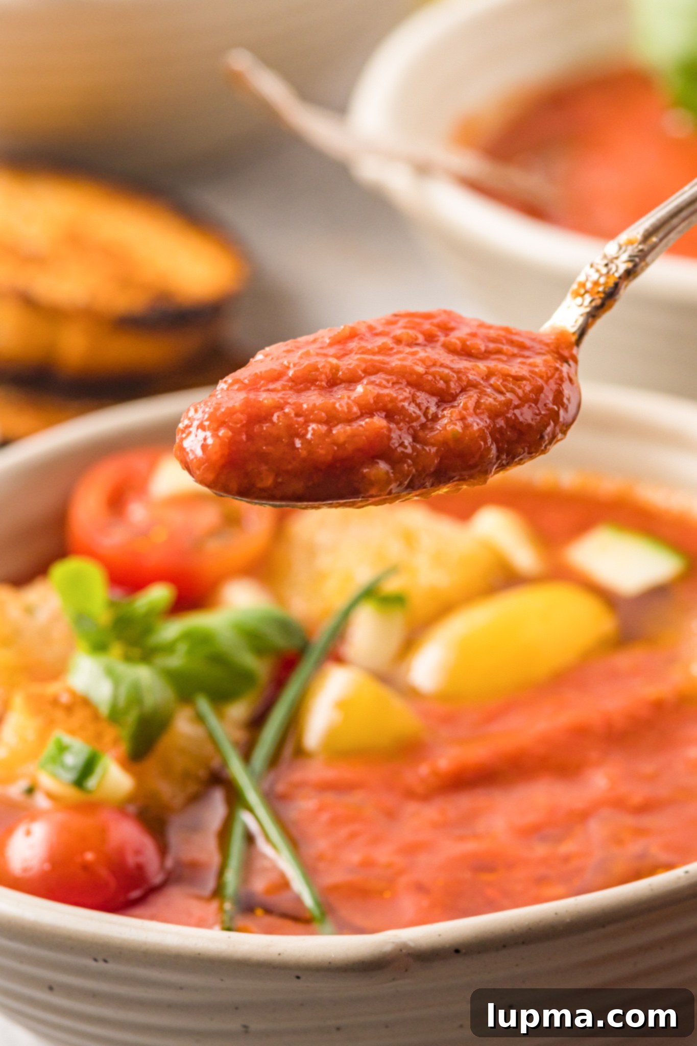 Refreshing No-Cook Gazpacho 5 Easy Gazpacho Recipe with spoon.