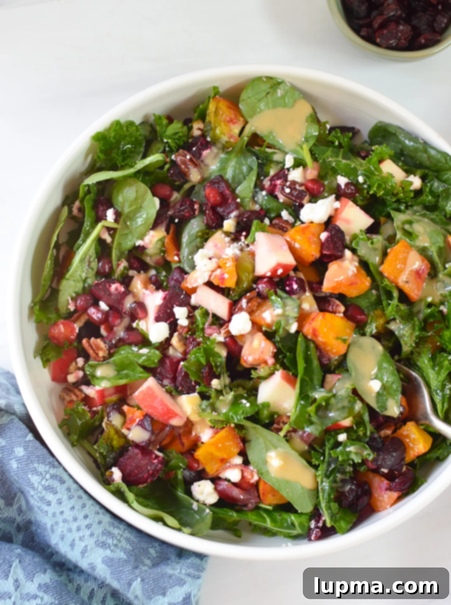 Autumn's Bounty Salad 9 A vibrant Fall Harvest Salad in a white bowl, garnished with a blue napkin, highlighting the fresh and colorful ingredients.