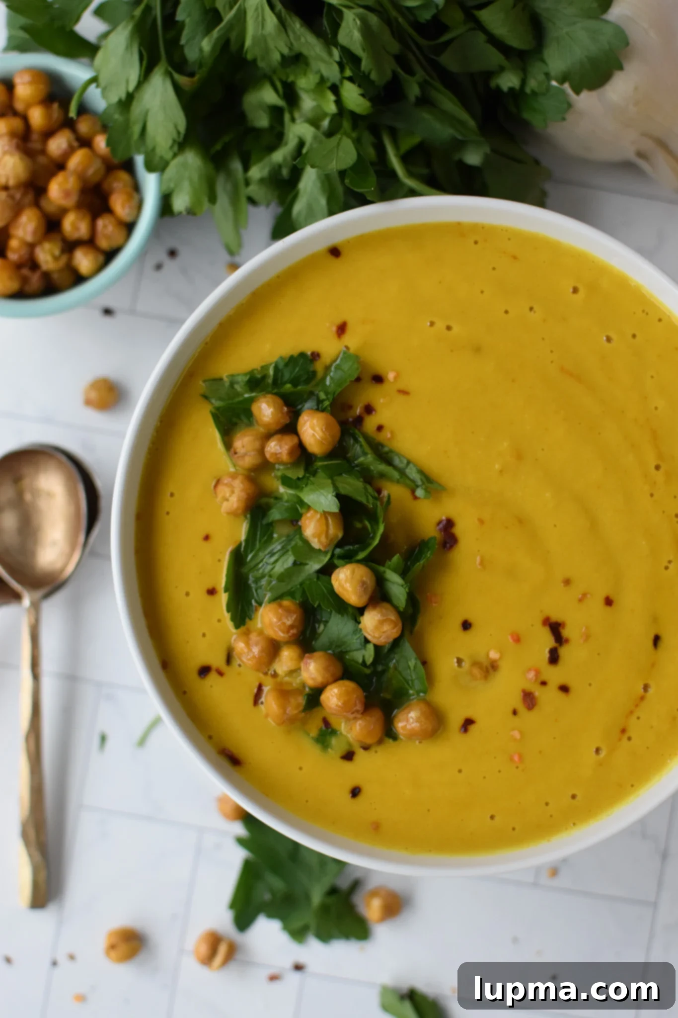 Velvet Cauliflower Puree 2 Creamy Cauliflower Soup with crispy chickpea and herbs.