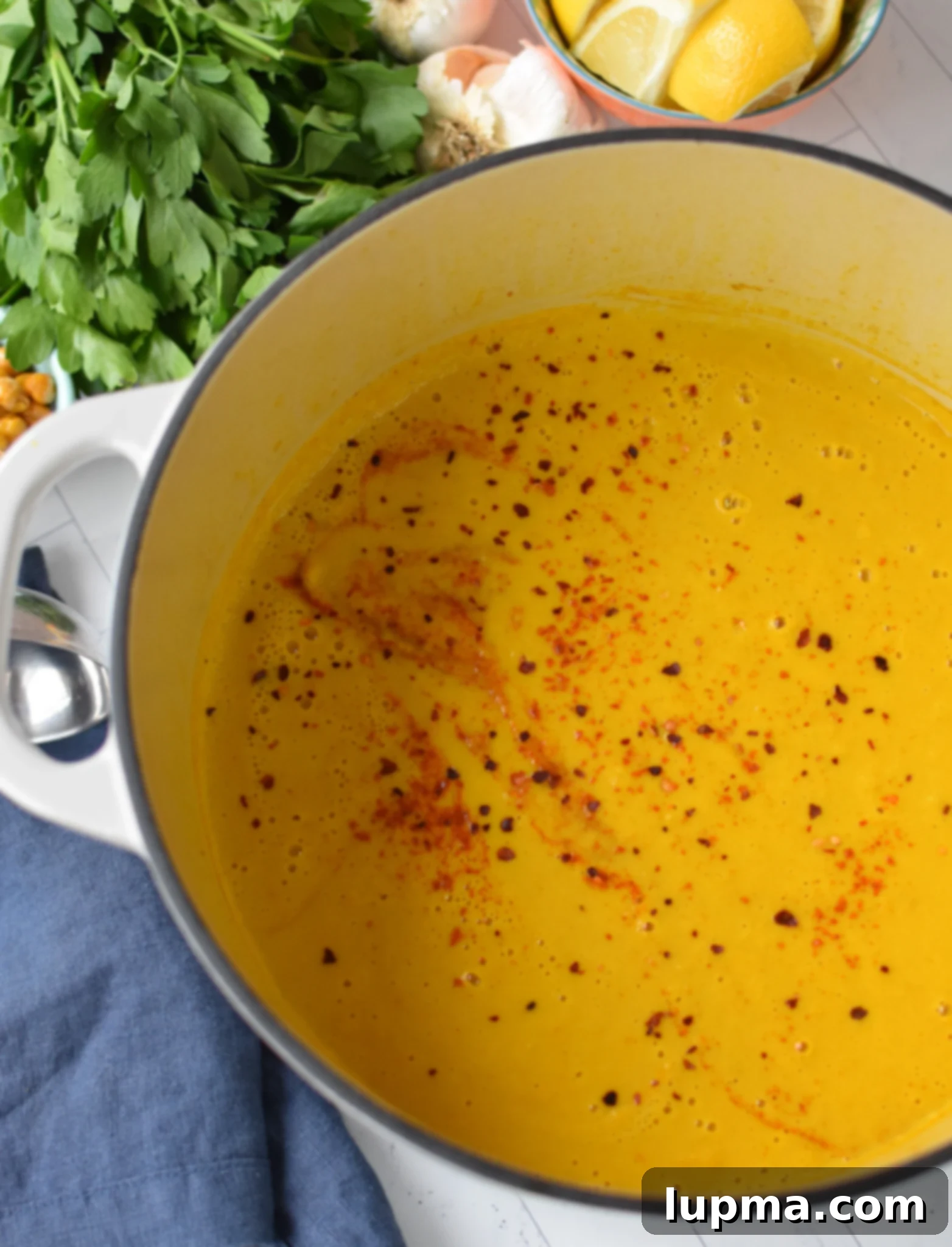 Velvet Cauliflower Puree 8 Creamy blended cauliflower soup in a pot.