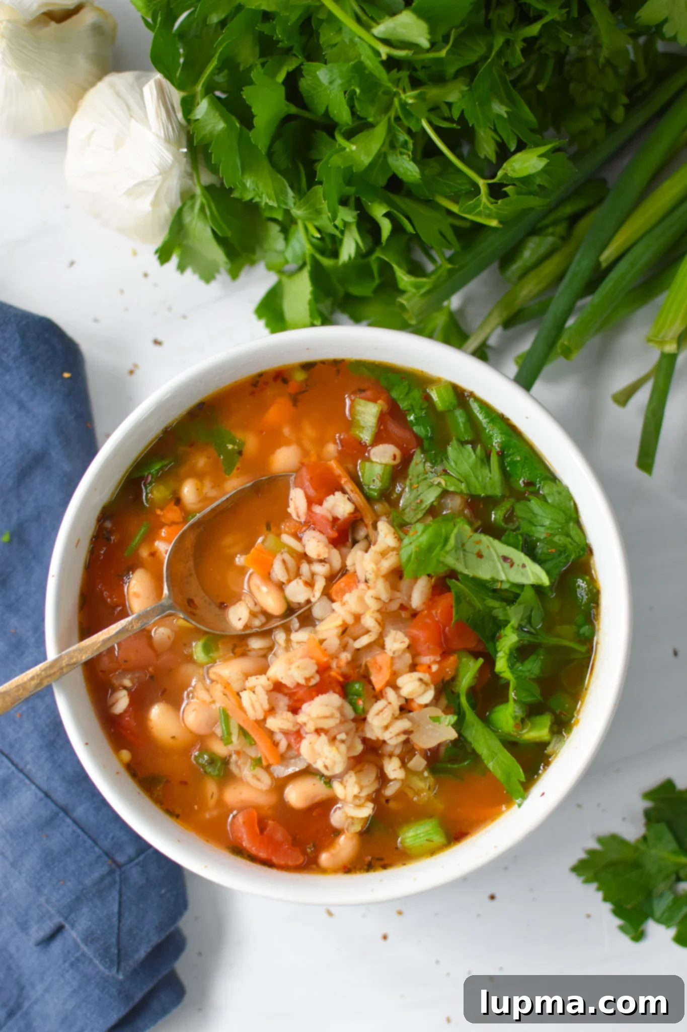 Hearty Vegetable and Barley Soup 2 A bowl of hearty Vegetable Barley Soup with a golden spoon, garnished with fresh herbs.