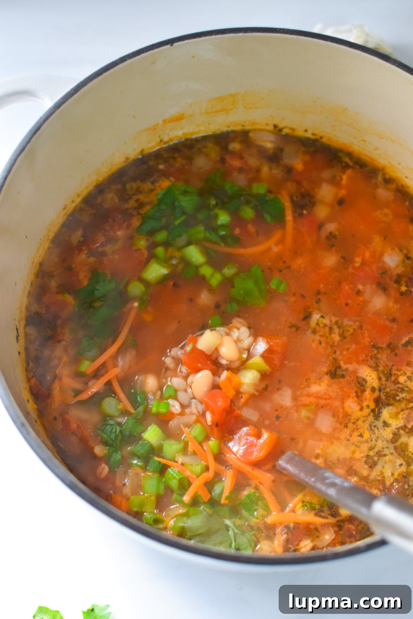 Hearty Vegetable and Barley Soup 6 Vegetable Barley Soup cooking in a large pot on the stovetop, bubbling gently.