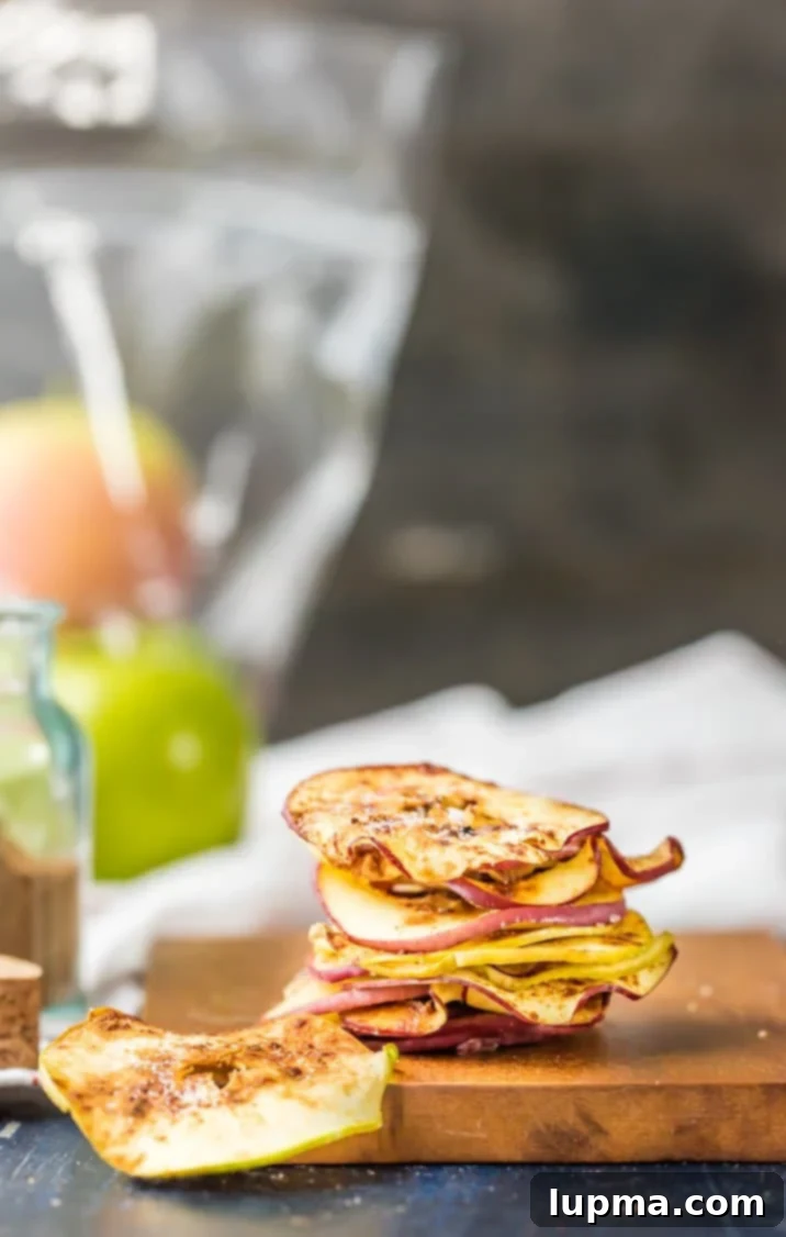 Quick & Crispy Air Fryer Apple Chips 3 Easy Air Fryer Apple Chips neatly stacked on a wooden board.