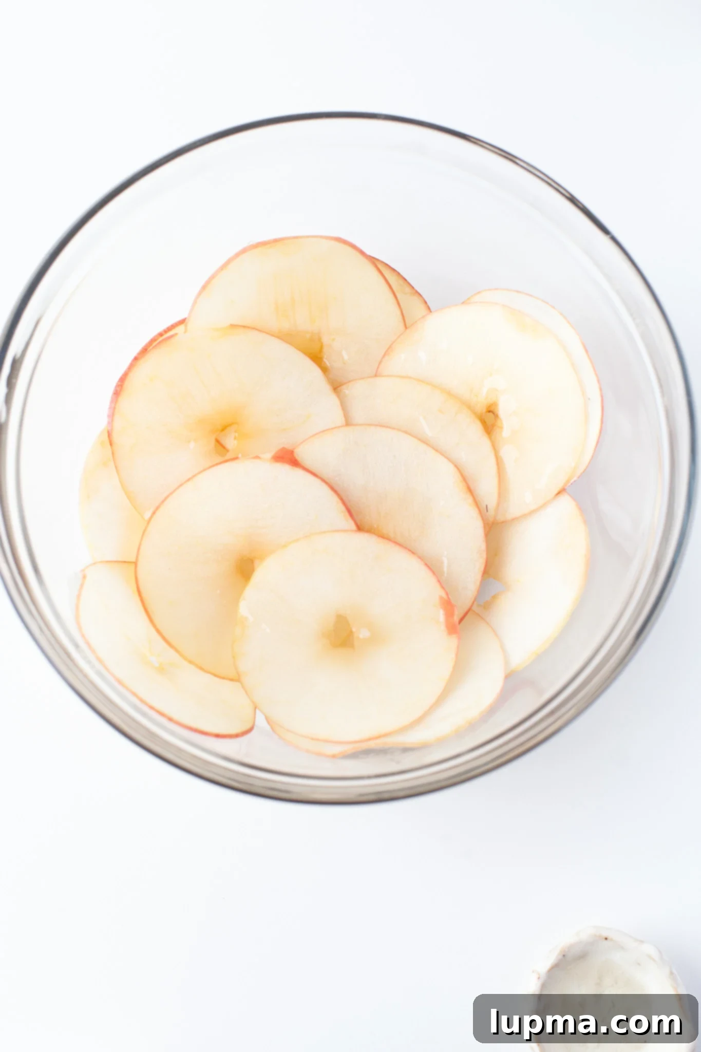 Quick & Crispy Air Fryer Apple Chips 6 Easy Air Fryer Apple Chips with sliced apples in a clear bowl.