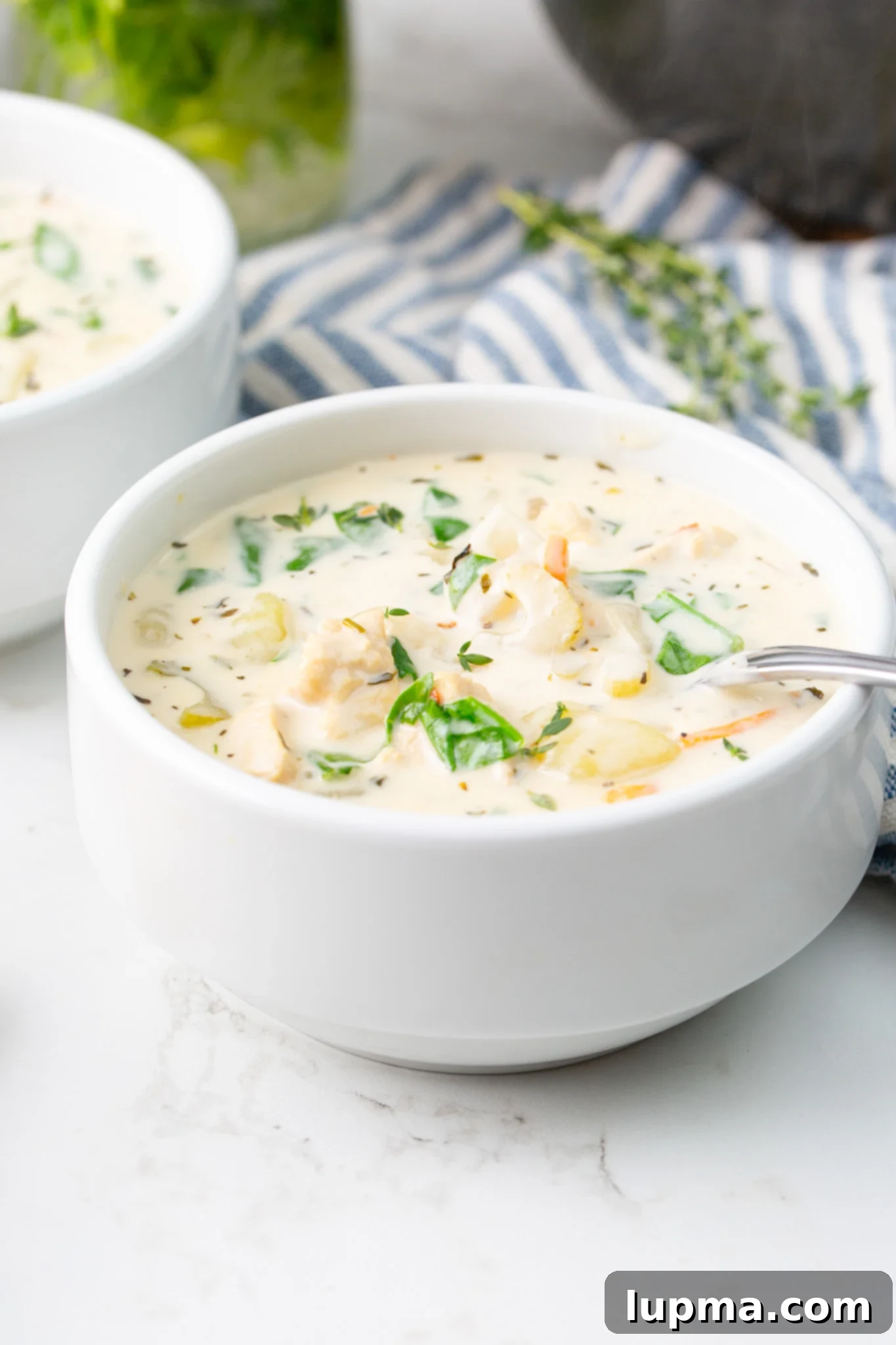 Homemade Olive Garden Style Chicken Gnocchi Soup 5 A close-up of Copycat Olive Garden Chicken Gnocchi Soup in a white bowl, with a spoon revealing the creamy texture and ingredients.