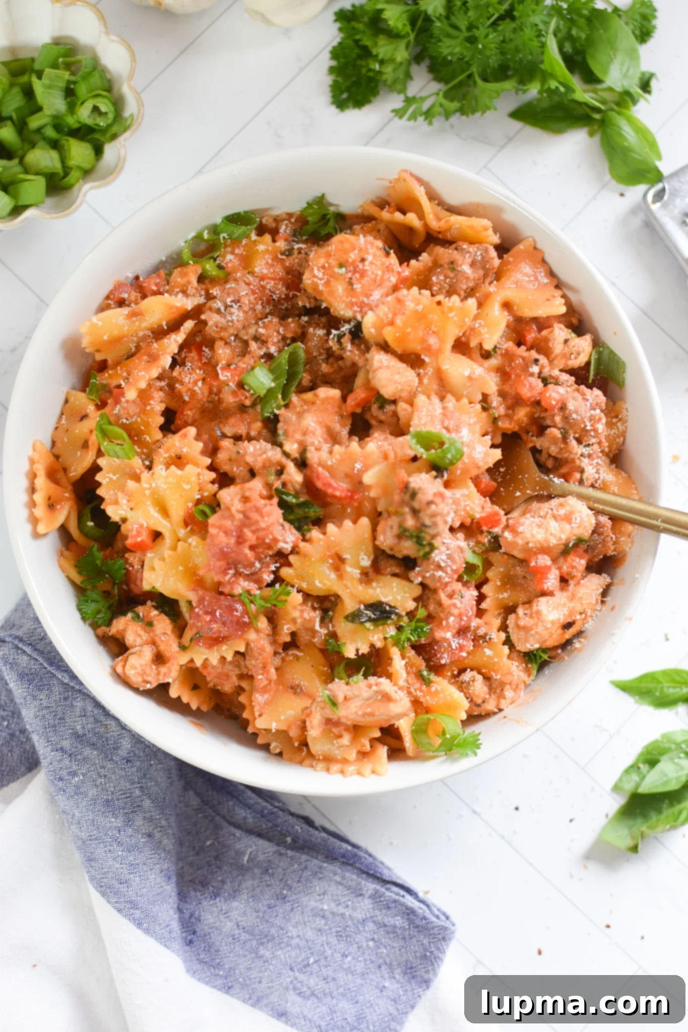 Creamy Chicken and Chorizo Pasta Recipe in a bowl. 