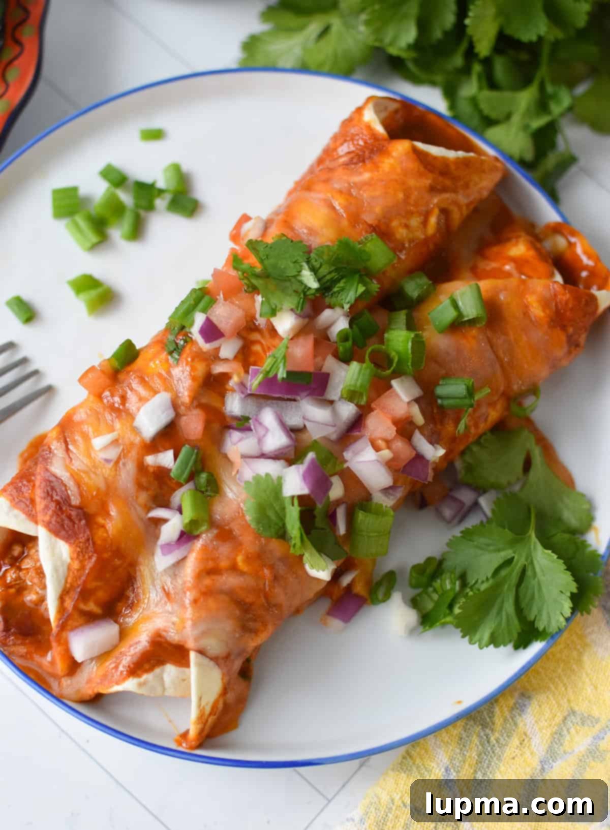 Speedy Pork Enchiladas 2 Two cheesy pork enchiladas on a plate, garnished with fresh cilantro and diced red onion, ready to be enjoyed.