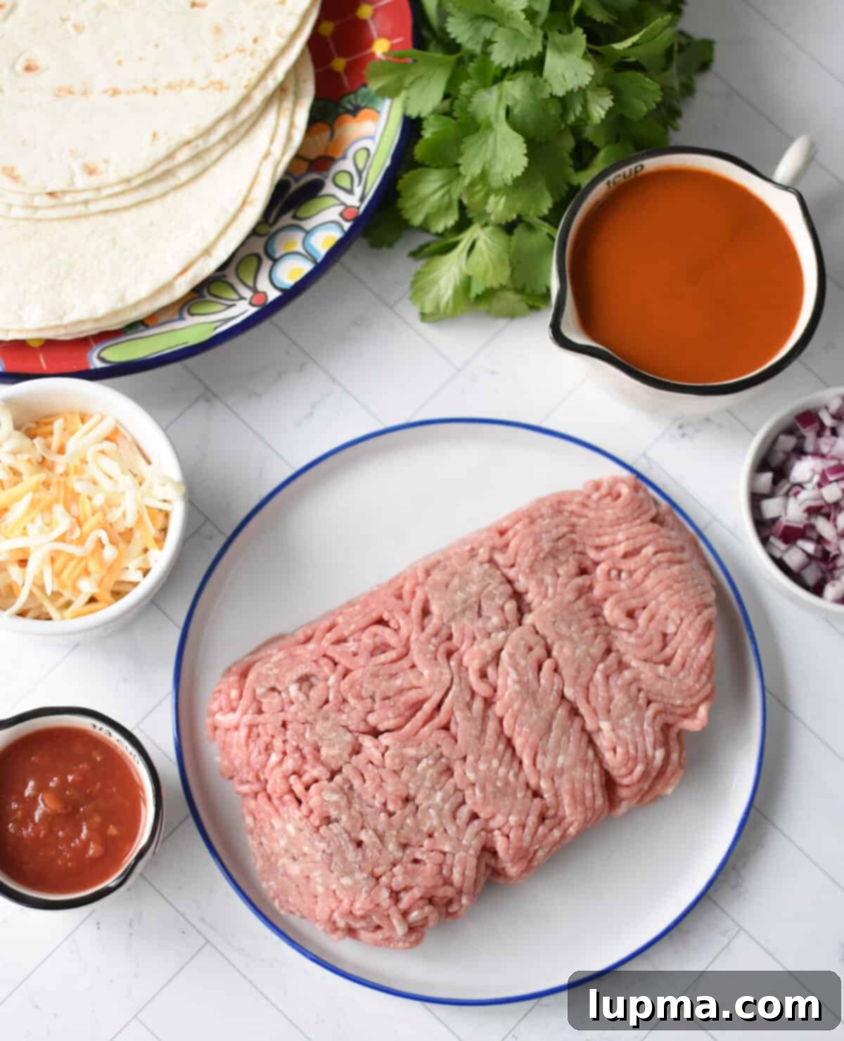 Speedy Pork Enchiladas 3 A collection of fresh ingredients laid out in small bowls, including diced onions, minced garlic, a vibrant red salsa, various spices, shredded cheese, and a stack of tortillas, all ready for making delicious pork enchiladas.