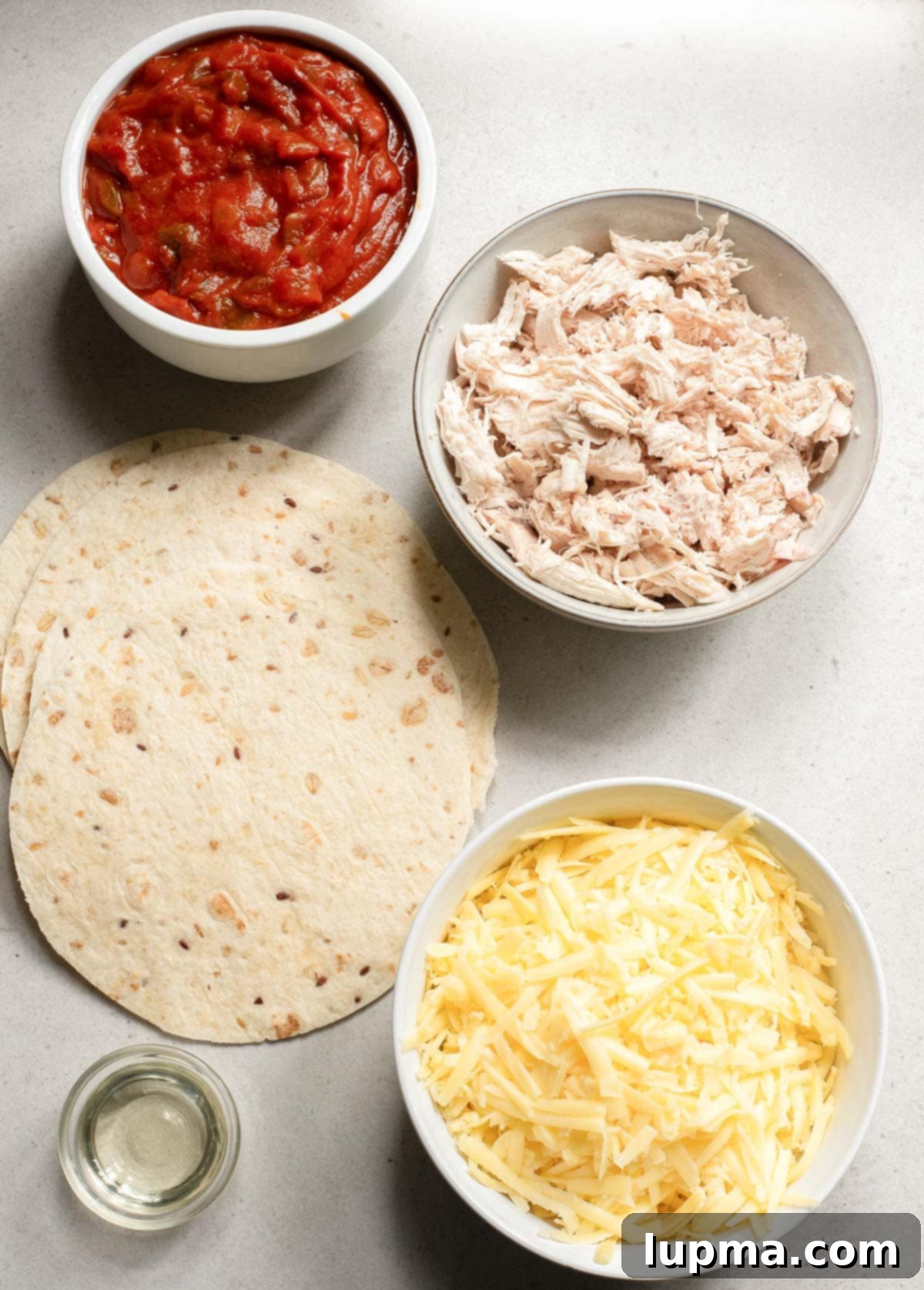 Crispy Baked Chicken Tacos 4 A flat lay of the essential ingredients for baked chicken tacos, including shredded chicken, salsa, spices, tortillas, and cheese.