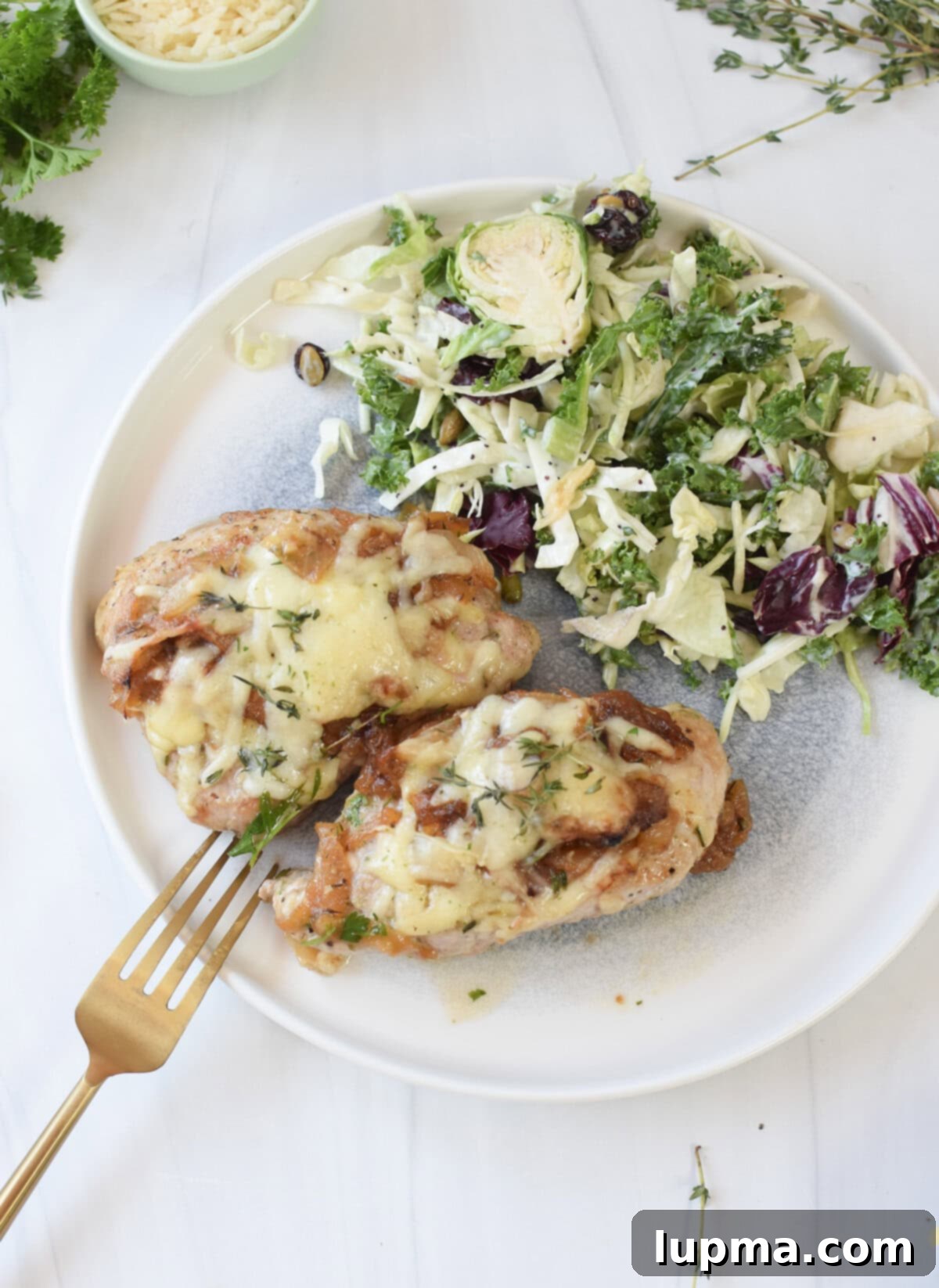 Smothered French Onion Pork Chops 10 French Onion Pork Chops plated with a fresh green salad
