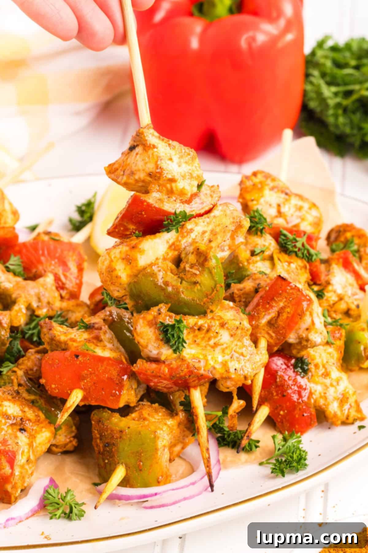 Smoky Chicken Tikka Skewers 3 Chicken Tikka Kebabs with vegetables
