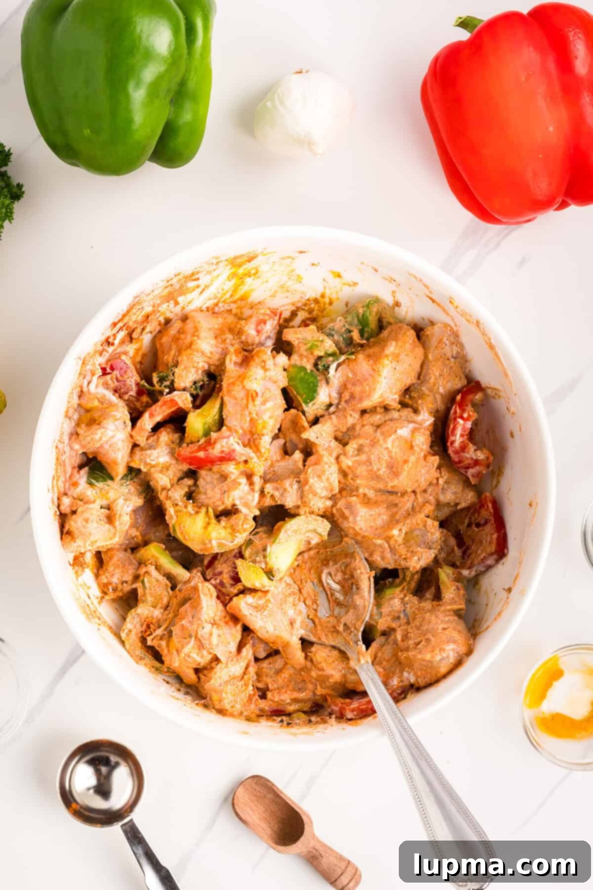 Smoky Chicken Tikka Skewers 8 Chicken Tikka Kebabs chicken in a bowl