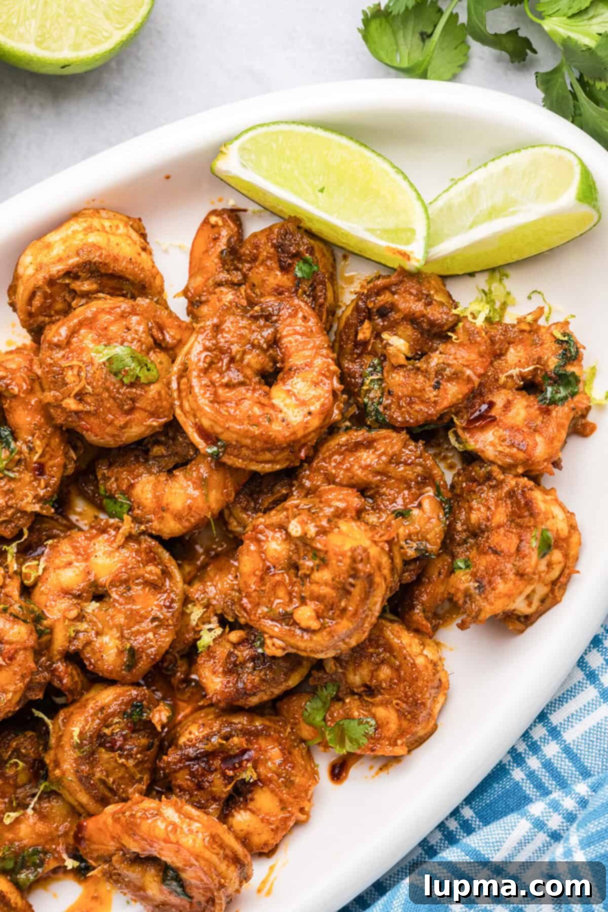 Fiery Garlic Shrimp 4 Spicy Shrimp on a white platter