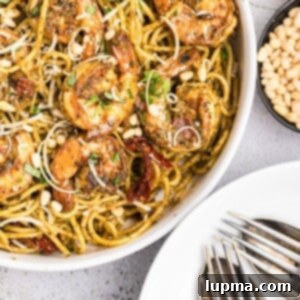 Vibrant Shrimp Pesto Pasta 10 Shrimp Pesto Pasta bowl, top view